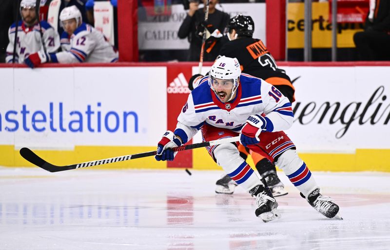 Nov 24, 2023; Philadelphia, Pennsylvania, USA; New York Rangers center Vincent Trocheck (16) reacts against the Philadelphia Flyers in the first period at Wells Fargo Center. Mandatory Credit: Kyle Ross-USA TODAY Sports