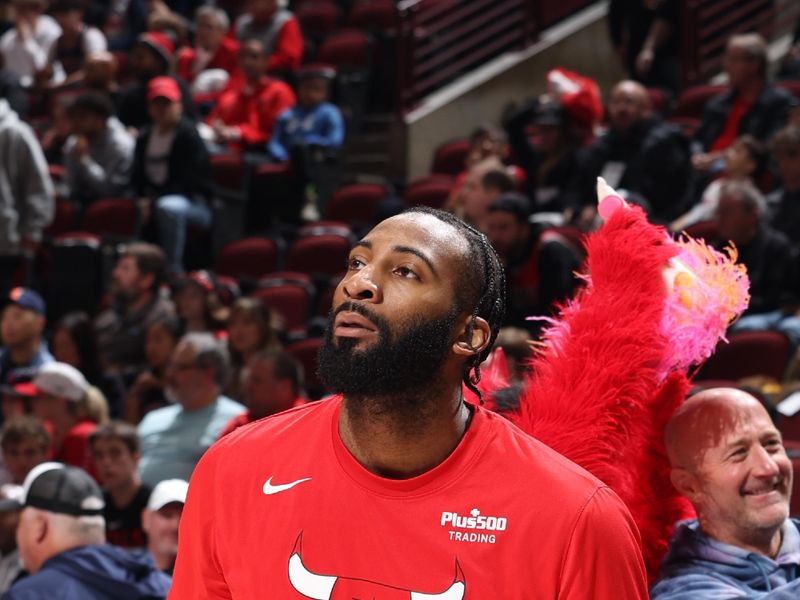 CHICAGO, IL - APRIL 2: Andre Drummond #3 of the Chicago Bulls warms up before the game against the Memphis Grizzlies on April 2, 2023 at United Center in Chicago, Illinois. NOTE TO USER: User expressly acknowledges and agrees that, by downloading and or using this photograph, User is consenting to the terms and conditions of the Getty Images License Agreement. Mandatory Copyright Notice: Copyright 2023 NBAE (Photo by Jeff Haynes/NBAE via Getty Images)