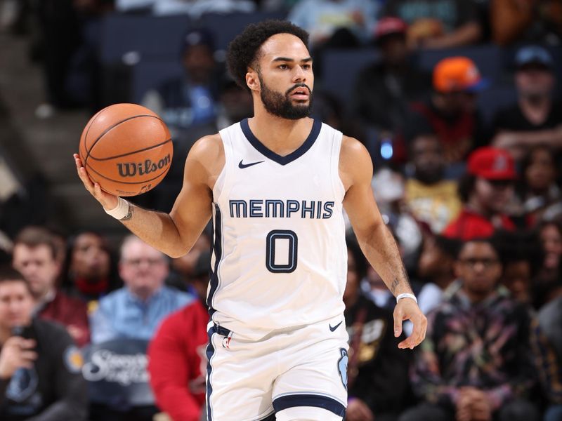 MEMPHIS, TN - FEBRUARY 1: Jacob Gilyard #0 of the Memphis Grizzlies handles the ball during the game  against the Cleveland Cavaliers  on February 1, 2024 at FedExForum in Memphis, Tennessee. NOTE TO USER: User expressly acknowledges and agrees that, by downloading and or using this photograph, User is consenting to the terms and conditions of the Getty Images License Agreement. Mandatory Copyright Notice: Copyright 2024 NBAE (Photo by Joe Murphy/NBAE via Getty Images)