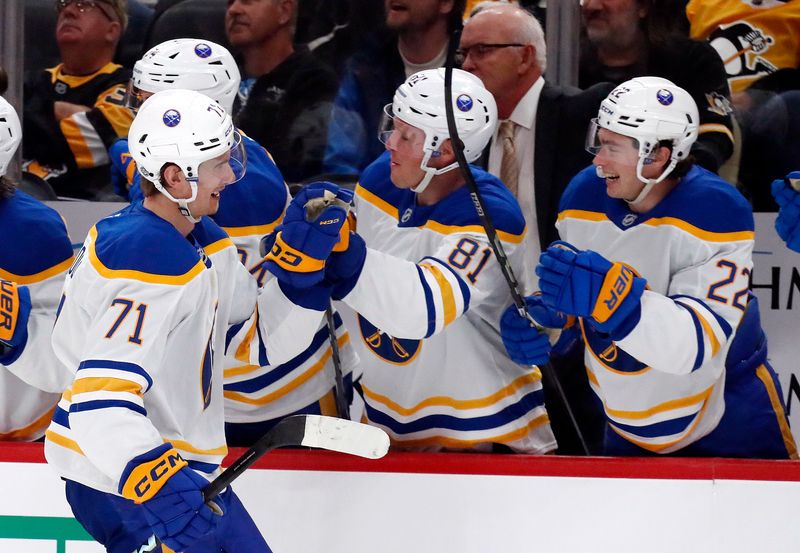 Oct 16, 2024; Pittsburgh, Pennsylvania, USA; Buffalo Sabres center Ryan McLeod (71) celebrates his goal with the Sabres bench against the Pittsburgh Penguins during the third period at PPG Paints Arena. Mandatory Credit: Charles LeClaire-Imagn Images