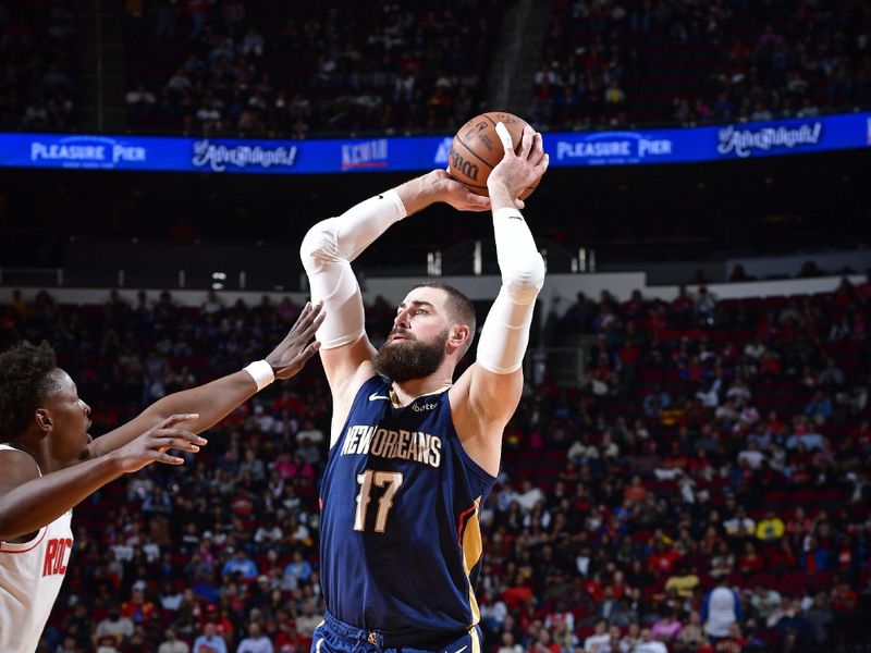 HOUSTON, TX - JANUARY 31: Jonas Valanciunas #17 of the New Orleans Pelicans looks to pass the ball during the game against the Houston Rockets  on January 31, 2024 at the Toyota Center in Houston, Texas. NOTE TO USER: User expressly acknowledges and agrees that, by downloading and or using this photograph, User is consenting to the terms and conditions of the Getty Images License Agreement. Mandatory Copyright Notice: Copyright 2024 NBAE (Photo by Logan Riely/NBAE via Getty Images)