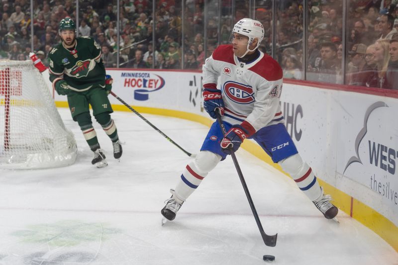 Dec 21, 2023; Saint Paul, Minnesota, USA; Montreal Canadiens defenseman Jayden Struble (47) skates with the puck against the Minnesota Wild in the first period at Xcel Energy Center. Mandatory Credit: Matt Blewett-USA TODAY Sports