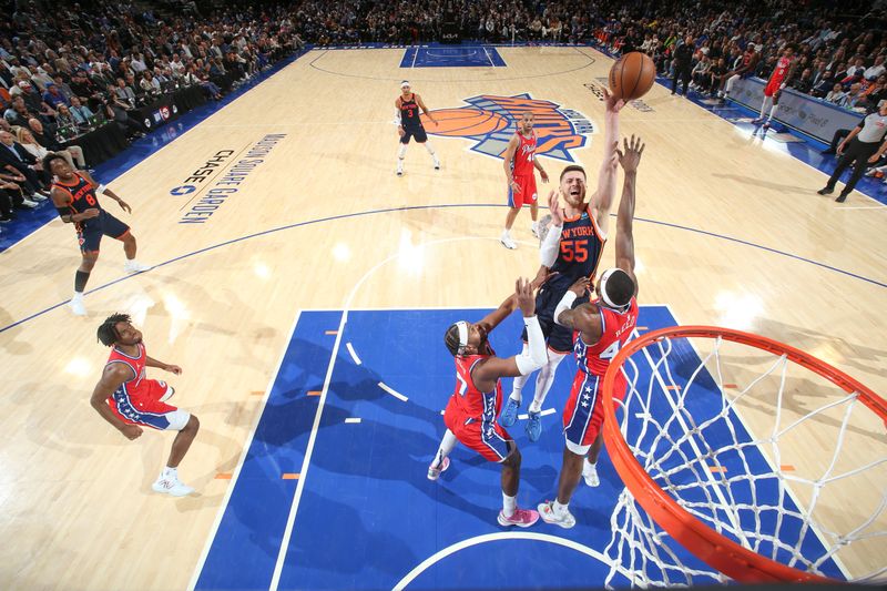 NEW YORK, NY - APRIL 22:  Isaiah Hartenstein #55 of the New York Knicks goes to the basket during the game against the Philadelphia 76ers during Round 1 Game 2 of the 2024 NBA Playoffs on April 22, 2024 at Madison Square Garden in New York City, New York.  NOTE TO USER: User expressly acknowledges and agrees that, by downloading and or using this photograph, User is consenting to the terms and conditions of the Getty Images License Agreement. Mandatory Copyright Notice: Copyright 2024 NBAE  (Photo by Nathaniel S. Butler/NBAE via Getty Images)