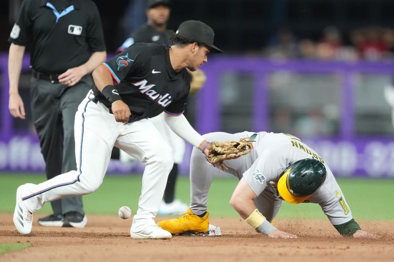 May 2, 2025; Miami, Florida, USA;  Oakland Athletics right fielder Seth Brown (15) steals second base as Miami Marlins second baseman Javier Sanoja (46) drops the throw in the fifth inning at loanDepot Park. Mandatory Credit: Jim Rassol-Imagn Images