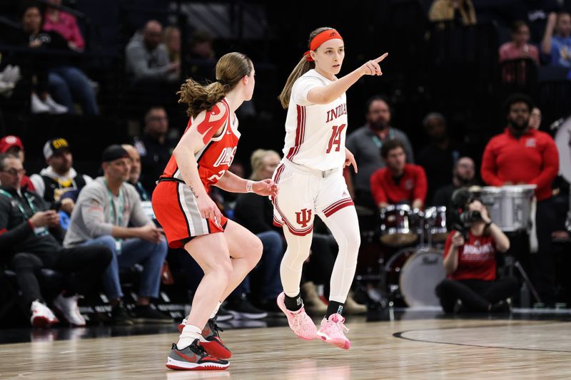 Mar 4, 2023; Minneapolis, MINN, USA; Indiana Hoosiers guard Sara Scalia (14) reacts to her shot against the Ohio State Buckeyes during the first half at Target Center. Mandatory Credit: Matt Krohn-USA TODAY Sports