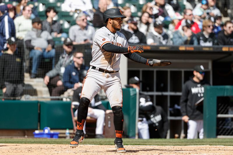 Apr 6, 2023; Chicago, Illinois, USA; San Francisco Giants second baseman Thairo Estrada (39) scores against the Chicago White Sox during the fourth inning at Guaranteed Rate Field. Mandatory Credit: Kamil Krzaczynski-USA TODAY Sports