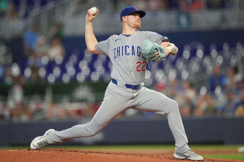 May 21, 2025; Miami, Florida, USA;  Chicago Cubs pitcher Cade Horton (22) pitches in the first inning against the Miami Marlins at loanDepot Park. Mandatory Credit: Jim Rassol-Imagn Images