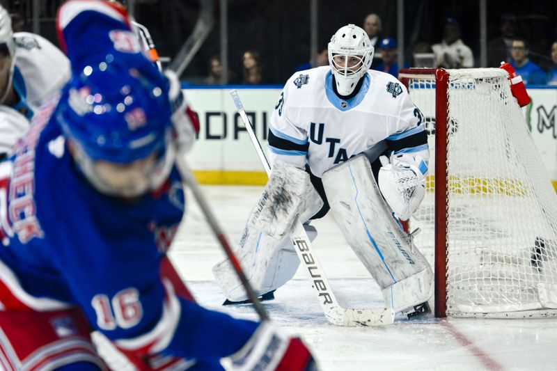 Oct 12, 2024; New York, New York, USA; Utah Hockey Club goaltender Connor Ingram (39) defends the net against the New York Rangers during the second period at Madison Square Garden. Mandatory Credit: John Jones-Imagn Images