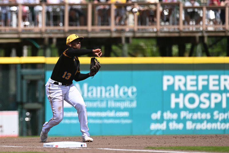 Mar 25, 2024; Bradenton, Florida, USA; Pittsburgh Pirates third baseman Ke’ Bryan Hayes (13) throws to first base in the third inning of the spring training game against the Toronto Blue Jays at LECOM Park. Mandatory Credit: Jonathan Dyer-USA TODAY Sports