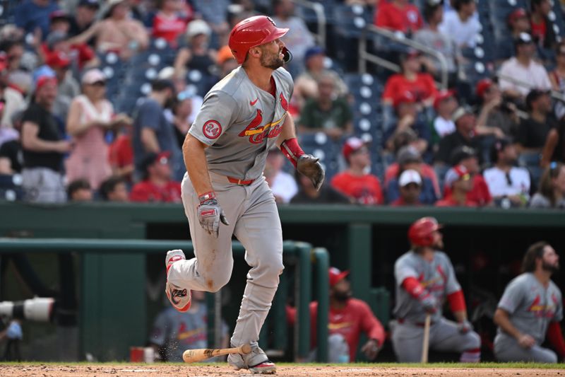 Jul 8, 2024; Washington, District of Columbia, USA; St. Louis Cardinals first baseman Paul Goldschmidt (46) watches the ball go over the wall for a home run against the Washington Nationals during the fourth inning at Nationals Park. Mandatory Credit: Rafael Suanes-USA TODAY Sports