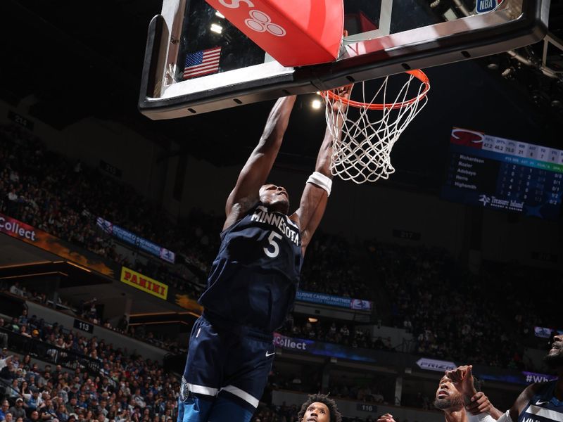 MINNEAPOLIS, MN -  NOVEMBER 10: Anthony Edwards #5 of the Minnesota Timberwolves dunks the ball during the game against the Miami Heat on November 10, 2024 at Target Center in Minneapolis, Minnesota. NOTE TO USER: User expressly acknowledges and agrees that, by downloading and or using this Photograph, user is consenting to the terms and conditions of the Getty Images License Agreement. Mandatory Copyright Notice: Copyright 2024 NBAE (Photo by David Sherman/NBAE via Getty Images)