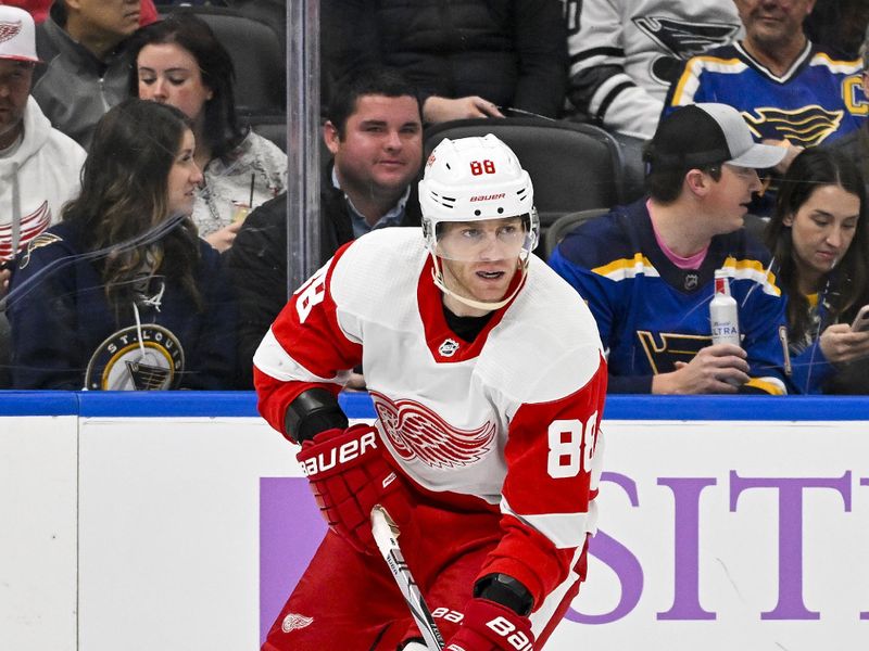 Dec 12, 2023; St. Louis, Missouri, USA;  Detroit Red Wings right wing Patrick Kane (88) controls the puck against the St. Louis Blues during the first period at Enterprise Center. Mandatory Credit: Jeff Curry-USA TODAY Sports