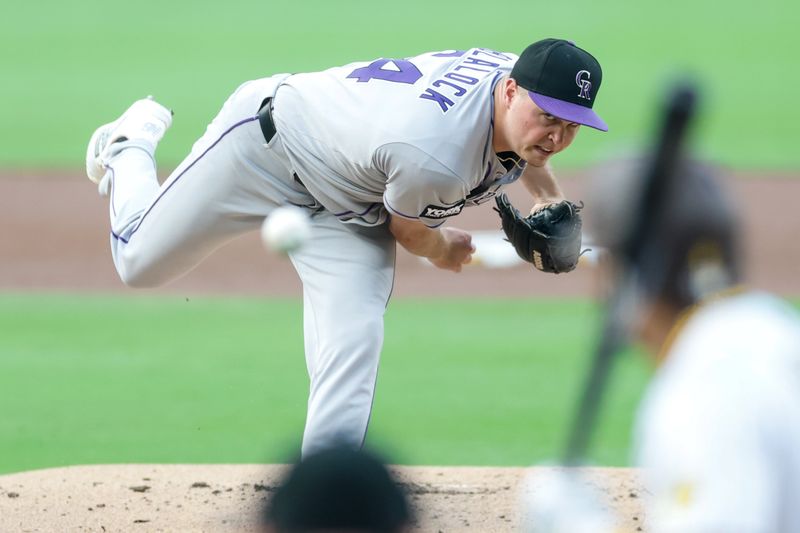 Sep 13, 2025; San Diego, California, USA; Colorado Rockies starting pitcher Bradley Blalock (64) throws a pitch during the first inning against the San Diego Padres at Petco Park. Mandatory Credit: David Frerker-Imagn Images