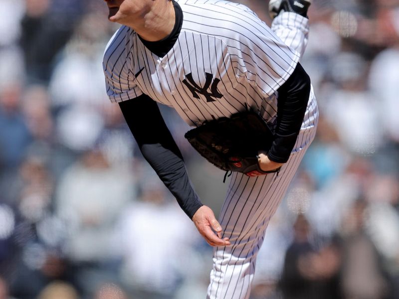 Mar 30, 2023; Bronx, New York, USA; New York Yankees starting pitcher Gerrit Cole (45) follows through on a pitch against the San Francisco Giants during the first inning at Yankee Stadium. Mandatory Credit: Brad Penner-USA TODAY Sports