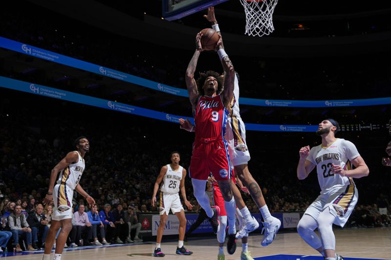 PHILADELPHIA, PA - MARCH 8: Kelly Oubre Jr. #9 of the Philadelphia 76ers drives to the basket during the game against the New Orleans Pelicans on March 8, 2024 at the Wells Fargo Center in Philadelphia, Pennsylvania NOTE TO USER: User expressly acknowledges and agrees that, by downloading and/or using this Photograph, user is consenting to the terms and conditions of the Getty Images License Agreement. Mandatory Copyright Notice: Copyright 2024 NBAE (Photo by Jesse D. Garrabrant/NBAE via Getty Images)