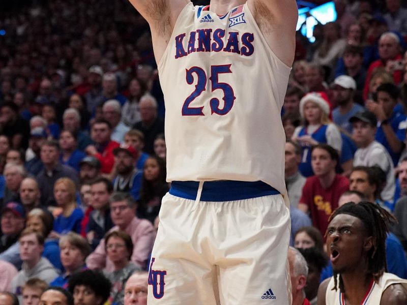 Dec 22, 2023; Lawrence, Kansas, USA; Kansas Jayhawks guard Nicolas Timberlake (25) shoots a three point shot against the Yale Bulldogs during the second half at Allen Fieldhouse. Mandatory Credit: Denny Medley-USA TODAY Sports