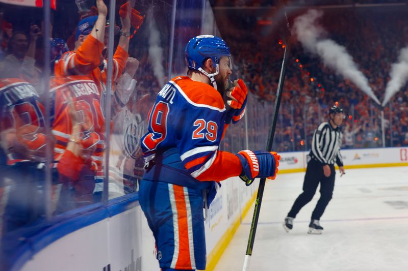 May 27, 2025; Edmonton, Alberta, CAN; Edmonton Oilers center Leon Draisaitl (29) celebrates scoring a power play goal against the Dallas Stars during the first period in game four of the Western Conference Final of the 2025 Stanley Cup Playoffs at Rogers Place. Mandatory Credit: Perry Nelson-Imagn Images