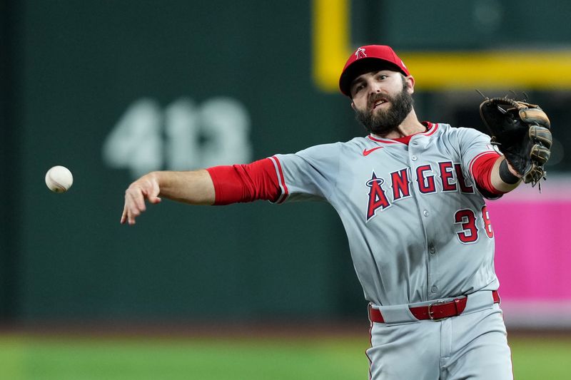 Jun 13, 2024; Phoenix, Arizona, USA; Los Angeles Angels second base Michael Stefanic (38) throws to first base against the Arizona Diamondbacks during the fourth inning at Chase Field. Mandatory Credit: Joe Camporeale-USA TODAY Sports