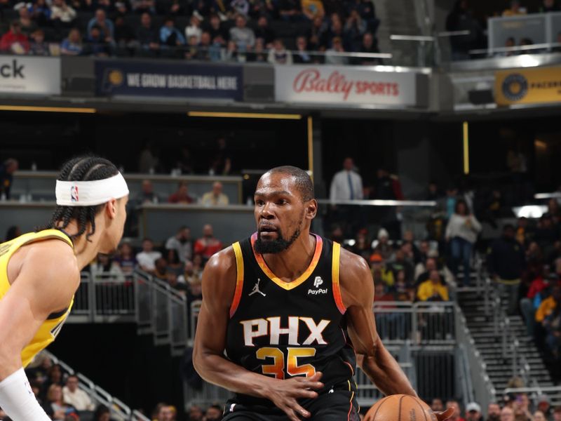 INDIANAPOLIS, IN - JANUARY 26:  Kevin Durant #35 of the Phoenix Suns handles the ball during the game  against the Indiana Pacers on January 26, 2024 at Gainbridge Fieldhouse in Indianapolis, Indiana. NOTE TO USER: User expressly acknowledges and agrees that, by downloading and or using this Photograph, user is consenting to the terms and conditions of the Getty Images License Agreement. Mandatory Copyright Notice: Copyright 2024 NBAE (Photo by Jeff Haynes/NBAE via Getty Images)