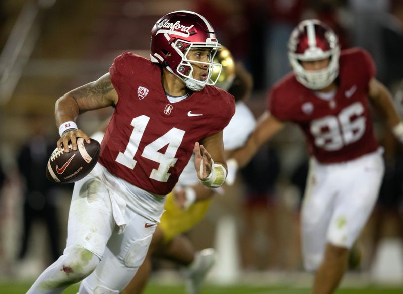 Nov 25, 2023; Stanford, California, USA; Stanford Cardinal quarterback Ashton Daniels (14) scrambles away from pressure by the Notre Dame Fighting Irish during the third quarter at Stanford Stadium. Mandatory Credit: D. Ross Cameron-USA TODAY Sports