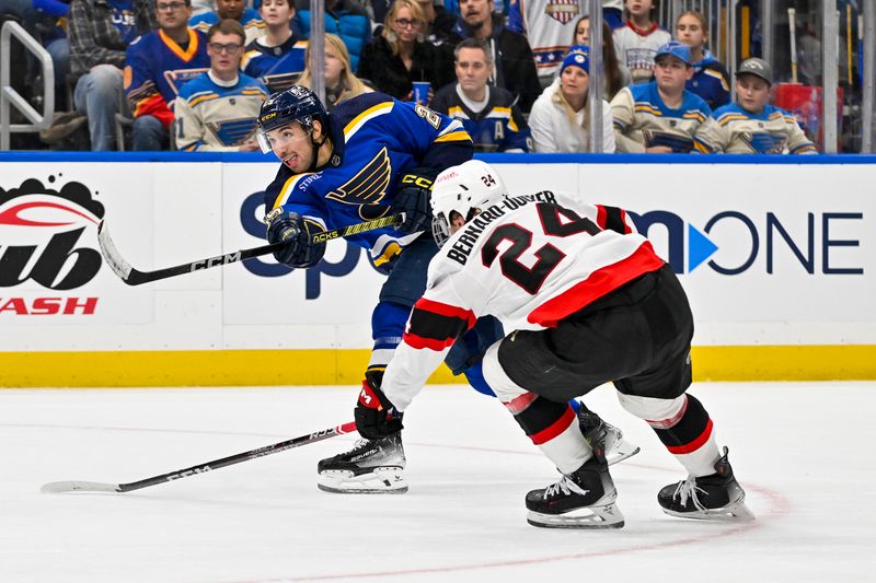 Dec 14, 2023; St. Louis, Missouri, USA;  St. Louis Blues center Jordan Kyrou (25) shoots against Ottawa Senators defenseman Jacob Bernard-Docker (24) during the second period at Enterprise Center. Mandatory Credit: Jeff Curry-USA TODAY Sports