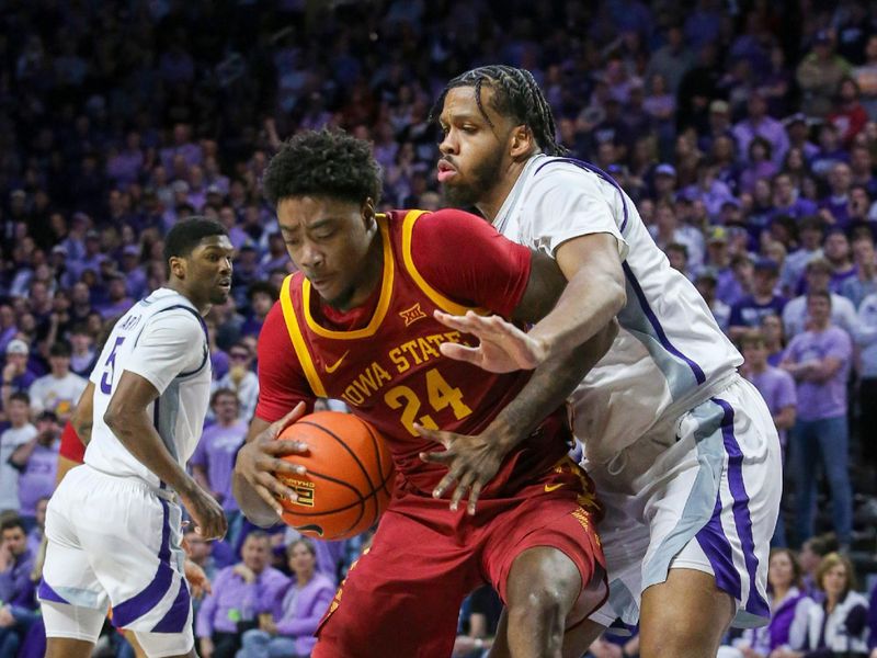 Mar 9, 2024; Manhattan, Kansas, USA; Iowa State Cyclones forward Hason Ward (24) dribbles agains tKansas State Wildcats center Will McNair Jr. (13) during the second half at Bramlage Coliseum. Mandatory Credit: Scott Sewell-USA TODAY Sports