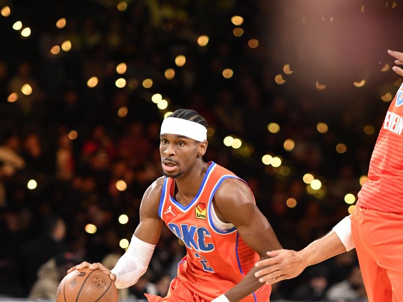 LAS VEGAS, NV - DECEMBER 14: Shai Gilgeous-Alexander #2 of the Oklahoma City Thunder dribbles the ball during the game against the Houston Rockets during the Emirates NBA Cup Semifinal game on December 14, 2024 at T-Mobile Arena in Las Vegas, Nevada. NOTE TO USER: User expressly acknowledges and agrees that, by downloading and/or using this Photograph, user is consenting to the terms and conditions of the Getty Images License Agreement. Mandatory Copyright Notice: Copyright 2024 NBAE (Photo by Logan Riely/NBAE via Getty Images)