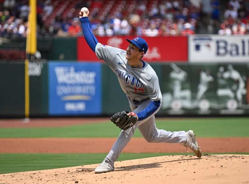 Jul 13, 2024; St. Louis, Missouri, USA; Chicago Cubs pitcher Hayden Wesneski (19) throws against the St. Louis Cardinals during the first inning at Busch Stadium. Mandatory Credit: Jeff Le-USA TODAY Sports