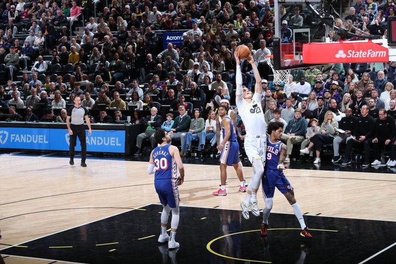 SALT LAKE CITY, UT - FEBRUARY 1: Lauri Markkanen #23 of the Utah Jazz drives to the basket during the game against the Philadelphia 76ers on February 1, 2024 at Delta Center in Salt Lake City, Utah. NOTE TO USER: User expressly acknowledges and agrees that, by downloading and or using this Photograph, User is consenting to the terms and conditions of the Getty Images License Agreement. Mandatory Copyright Notice: Copyright 2024 NBAE (Photo by Melissa Majchrzak/NBAE via Getty Images)