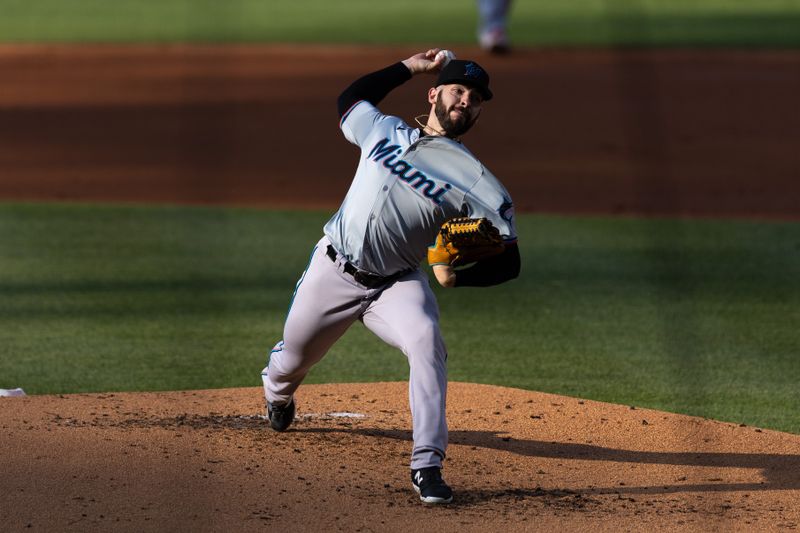 Jun 28, 2024; Philadelphia, Pennsylvania, USA; Miami Marlins pitcher Kyle Tyler (73) throws a pitch during the second inning against the Philadelphia Phillies at Citizens Bank Park. Mandatory Credit: Bill Streicher-USA TODAY Sports