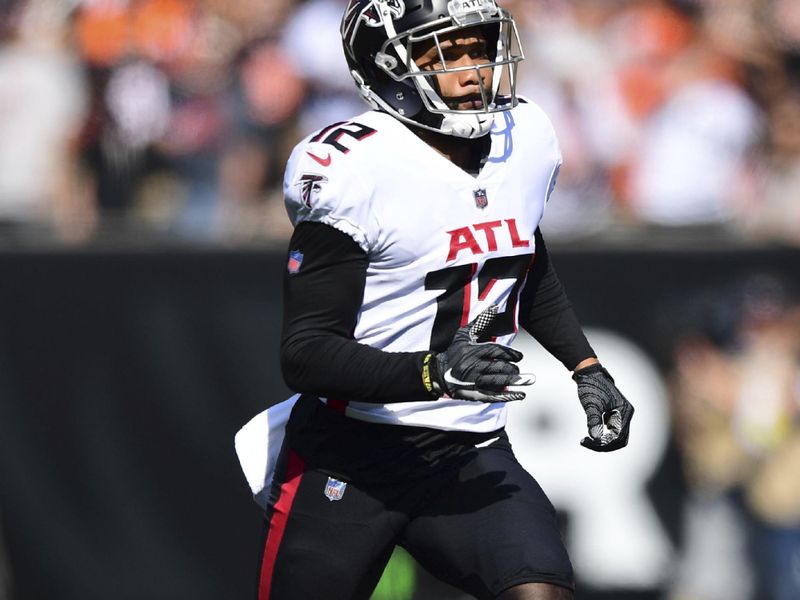 Atlanta Falcons wide receiver KhaDarel Hodge (12) runs for the play during an NFL football game against the Cincinnati Bengals, Sunday, Oct. 23, 2022, in Cincinnati. (AP Photo/Emilee Chinn)