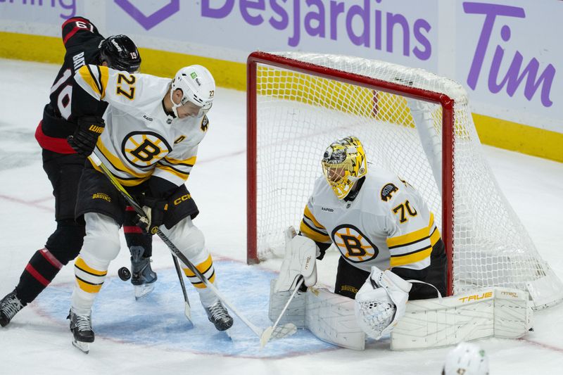 Nov 13, 2025; Ottawa, Ontario, CAN; Ottawa Senators right wing Drake Batherson (19) and Boston Bruins defenseman Hampus Lindholm (27) try to settle the puck following a save by goalie Joonas Korpisalo (70) in the third period at the Canadian Tire Centre. Mandatory Credit: Marc DesRosiers-IMAGN Images