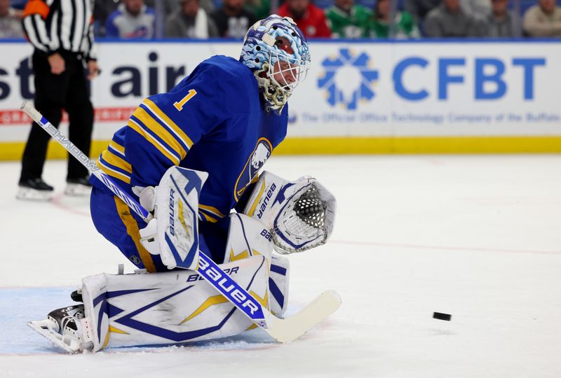 Oct 22, 2024; Buffalo, New York, USA;  Buffalo Sabres goaltender Ukko-Pekka Luukkonen (1) looks to make a save during the first period against the Dallas Stars at KeyBank Center. Mandatory Credit: Timothy T. Ludwig-Imagn Images