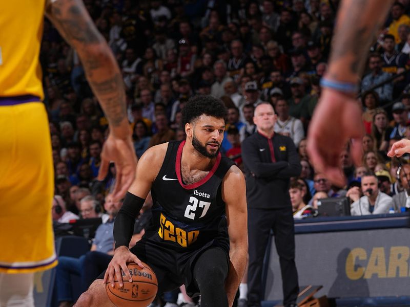 DENVER, CO - APRIL 22: Jamal Murray #27 of the Denver Nuggets handles the ball during the game against the Los Angeles Lakers on April 22, 2024 at the Ball Arena in Denver, Colorado. NOTE TO USER: User expressly acknowledges and agrees that, by downloading and/or using this Photograph, user is consenting to the terms and conditions of the Getty Images License Agreement. Mandatory Copyright Notice: Copyright 2024 NBAE (Photo by Bart Young/NBAE via Getty Images)