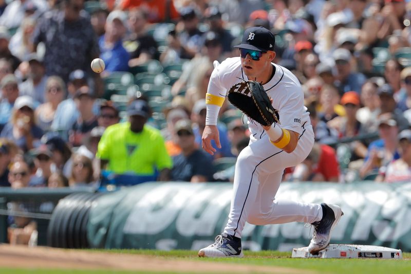 Sep 1, 2024; Detroit, Michigan, USA;  Detroit Tigers first base Spencer Torkelson (20) makes a catch in the first inning against the Boston Red Sox at Comerica Park. Mandatory Credit: Rick Osentoski-USA TODAY Sports