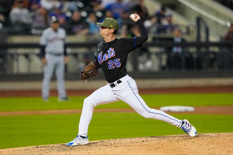 May 21, 2023; New York City, New York, USA; New York Mets pitcher Brooks Raley (25) delivers a pitch against the Cleveland Guardians during the ninth inning at Citi Field. Mandatory Credit: Gregory Fisher-USA TODAY Sports