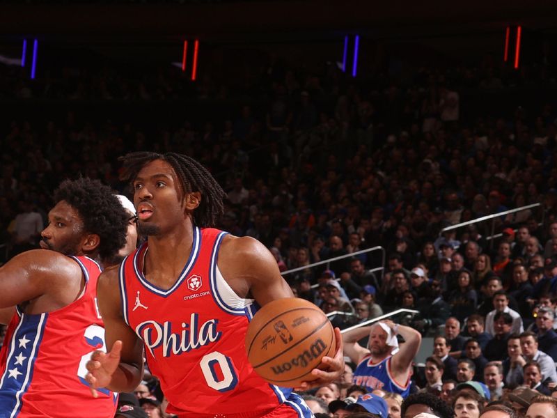 NEW YORK, NY - APRIL 22:  Tyrese Maxey #0 of the Philadelphia 76ers handles the ball during the game   against the New York Knicks during Round 1 Game 2 of the 2024 NBA Playoffs on April 22, 2024 at Madison Square Garden in New York City, New York.  NOTE TO USER: User expressly acknowledges and agrees that, by downloading and or using this photograph, User is consenting to the terms and conditions of the Getty Images License Agreement. Mandatory Copyright Notice: Copyright 2024 NBAE  (Photo by Nathaniel S. Butler/NBAE via Getty Images)