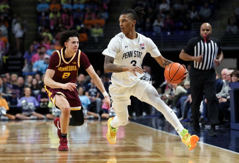 Jan 27, 2024; University Park, Pennsylvania, USA; Penn State Nittany Lions guard Nick Kern Jr (3) dribbles the ball passed Minnesota Golden Gophers guard Mike Mitchell Jr (2) during the first half at Bryce Jordan Center. Minnesota defeated Penn State 83-74. Mandatory Credit: Matthew O'Haren-USA TODAY Sports