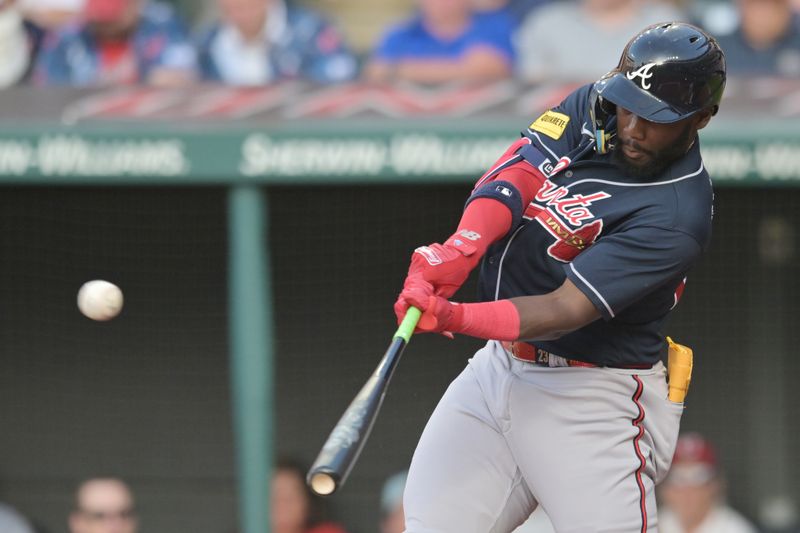 Jul 3, 2023; Cleveland, Ohio, USA; Atlanta Braves center fielder Michael Harris II (23) hits a home run during the third inning against the Cleveland Guardians at Progressive Field. Mandatory Credit: Ken Blaze-USA TODAY Sports