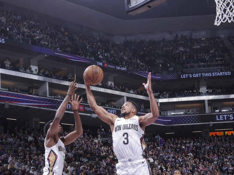 SACRAMENTO, CA - JANUARY 7:  CJ McCollum #3 of the New Orleans Pelicans grabs the rebound during the game on January 7, 2024 at Golden 1 Center in Sacramento, California. NOTE TO USER: User expressly acknowledges and agrees that, by downloading and or using this Photograph, user is consenting to the terms and conditions of the Getty Images License Agreement. Mandatory Copyright Notice: Copyright 2024 NBAE (Photo by Rocky Widner/NBAE via Getty Images)