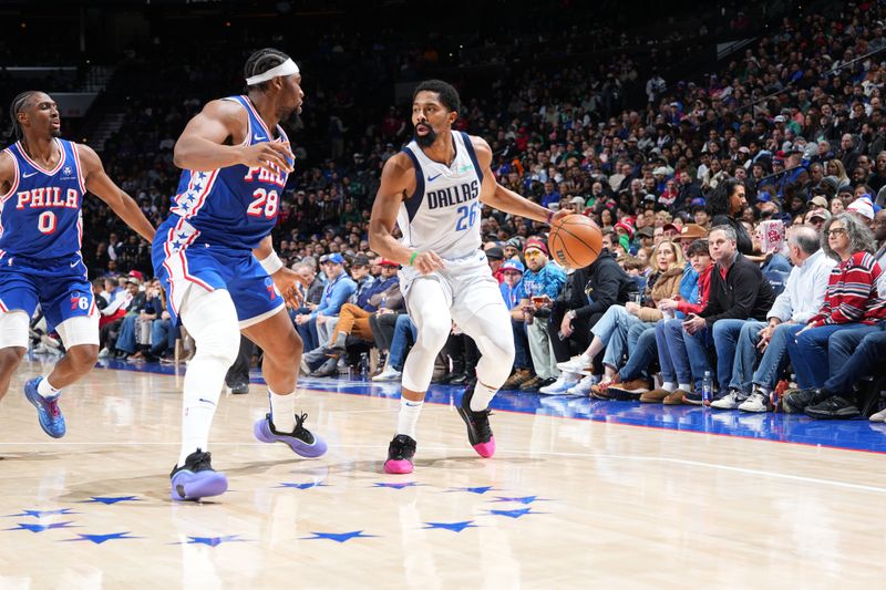 PHILADELPHIA, PA - FEBRUARY 4:  Spencer Dinwiddie #26 of the Dallas Mavericks dribbles the ball during the game against the Philadelphia 76ers on February 4, 2025 at the Wells Fargo Center in Philadelphia, Pennsylvania NOTE TO USER: User expressly acknowledges and agrees that, by downloading and/or using this Photograph, user is consenting to the terms and conditions of the Getty Images License Agreement. Mandatory Copyright Notice: Copyright 2025 NBAE (Photo by Jesse D. Garrabrant/NBAE via Getty Images)