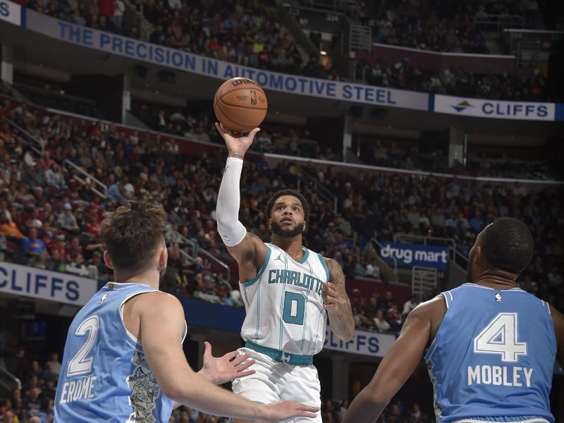 CLEVELAND, OH - NOVEMBER 17: Miles Bridges #0 of the Charlotte Hornets against the Cleveland Cavaliers on November 17, 2024 at Rocket Mortgage FieldHouse in Cleveland, Ohio. NOTE TO USER: User expressly acknowledges and agrees that, by downloading and/or using this Photograph, user is consenting to the terms and conditions of the Getty Images License Agreement. Mandatory Copyright Notice: Copyright 2024 NBAE (Photo by David Liam Kyle/NBAE via Getty Images)