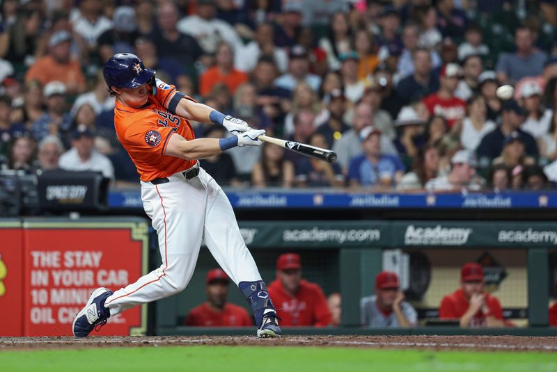 Sep 20, 2024; Houston, Texas, USA; Houston Astros center fielder Jake Meyers (6) hits a three-run home run during the third inning against the Los Angeles Angels at Minute Maid Park. Mandatory Credit: Troy Taormina-Imagn Images