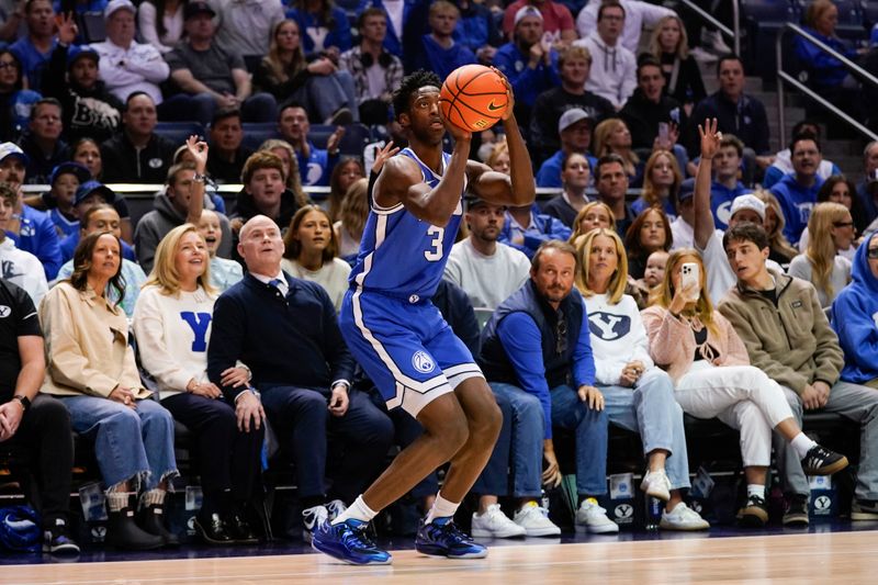 Jan 24, 2026; Provo, Utah, USA; BYU Cougars forward AJ Dybantsa (3) takes a three-point shot during the first half against the Utah Utes at Marriott Center. Mandatory Credit: Aaron Baker-Imagn Images 