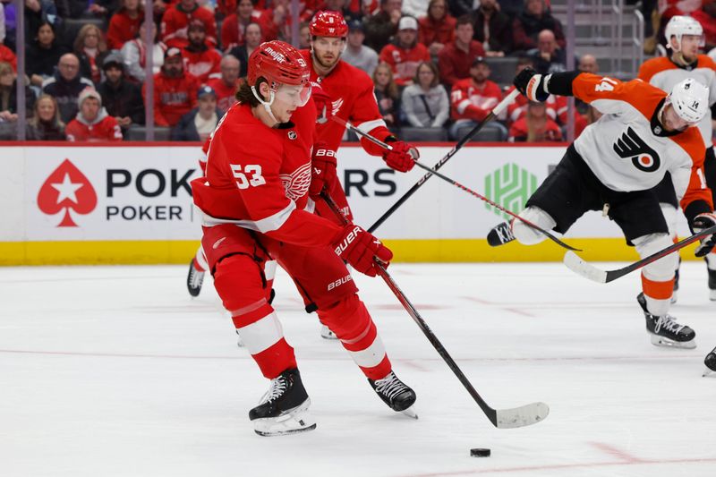 Dec 22, 2023; Detroit, Michigan, USA;  Detroit Red Wings defenseman Moritz Seider (53) skates with the puck in the third period against the Philadelphia Flyers at Little Caesars Arena. Mandatory Credit: Rick Osentoski-USA TODAY Sports