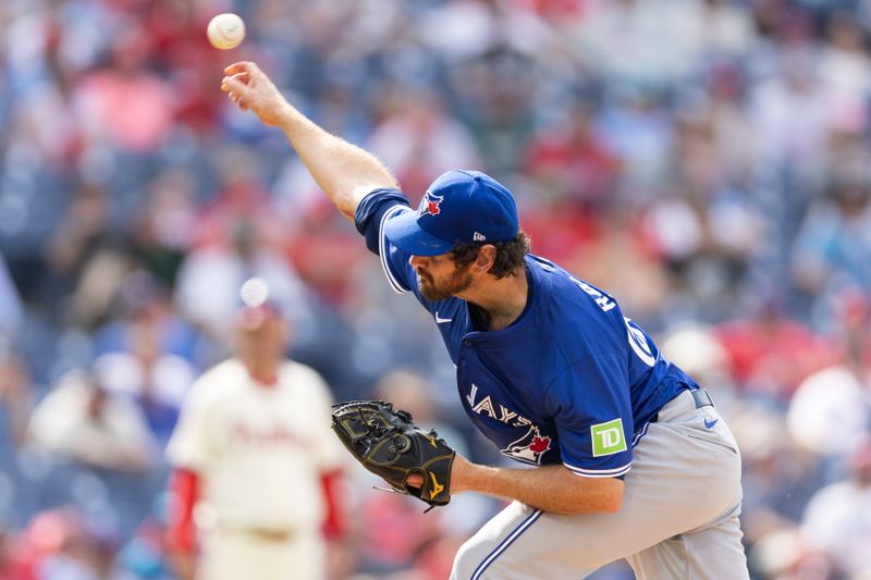 May 8, 2024; Philadelphia, Pennsylvania, USA; Toronto Blue Jays pitcher Jordan Romano (68) throws a pitch during the ninth inning against the Philadelphia Phillies at Citizens Bank Park. Mandatory Credit: Bill Streicher-USA TODAY Sports