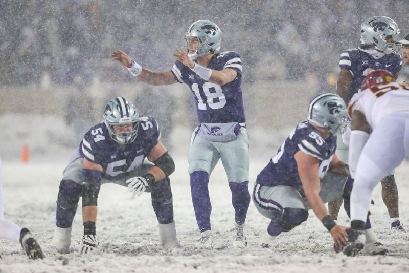 Nov 25, 2023; Manhattan, Kansas, USA; Kansas State Wildcats quarterback Will Howard (18) calls a play during the first quarter against the Iowa State Cyclones at Bill Snyder Family Football Stadium. Mandatory Credit: Scott Sewell-USA TODAY Sports