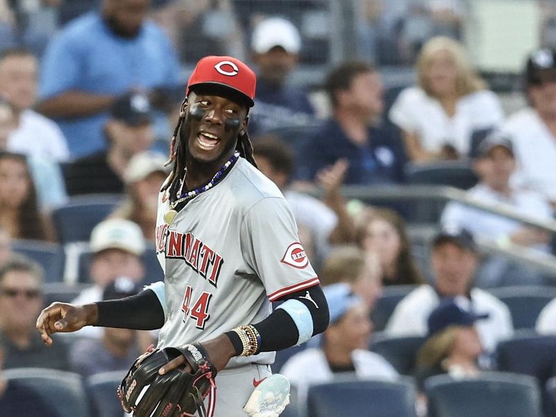 Jul 3, 2024; Bronx, New York, USA; Cincinnati Reds shortstop Elly De La Cruz (44) reacts after throwing a runner out to end the third inning against the New York Yankees at Yankee Stadium. Mandatory Credit: Wendell Cruz-USA TODAY Sports