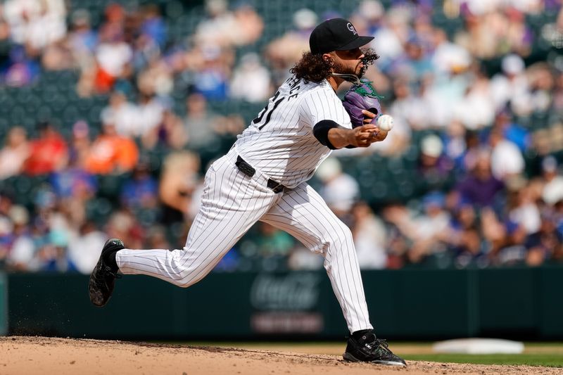 Sep 15, 2024; Denver, Colorado, USA; Colorado Rockies relief pitcher Justin Lawrence (61) pitches in the ninth inning against the Chicago Cubs at Coors Field. Mandatory Credit: Isaiah J. Downing-Imagn Images