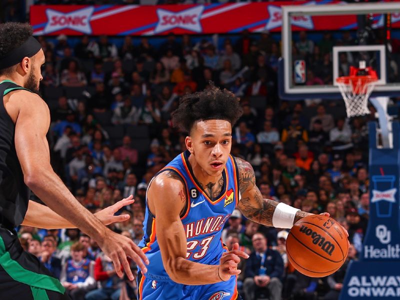 OKLAHOMA CITY, OK - JANUARY 3:  Tre Mann #23 of the Oklahoma City Thunder drives to the basket during the game against the Boston Celtics on January 3, 2023 at Paycom Arena in Oklahoma City, Oklahoma. NOTE TO USER: User expressly acknowledges and agrees that, by downloading and or using this photograph, User is consenting to the terms and conditions of the Getty Images License Agreement. Mandatory Copyright Notice: Copyright 2023 NBAE (Photo by Zach Beeker/NBAE via Getty Images)